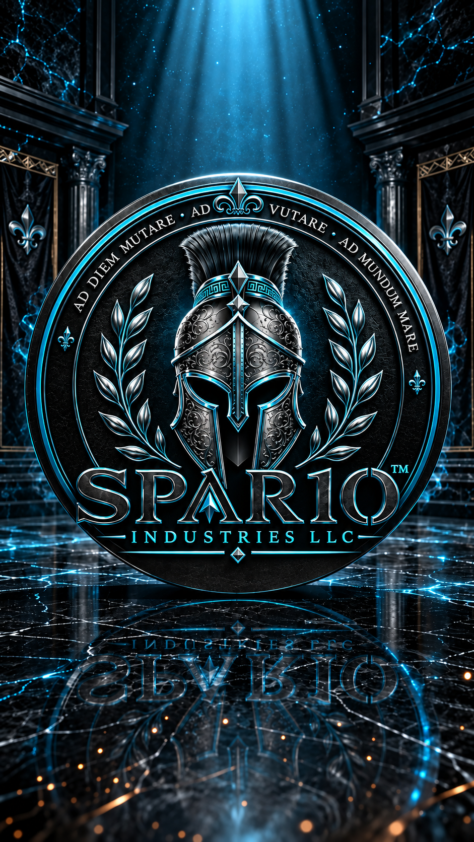 SPAR10 Industries Spartan emblem in a cyan-lit hall